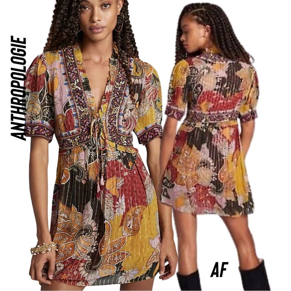 Anthropologie Multicolor Floral Pleated Mini Dress - Mustard, Rust, Black